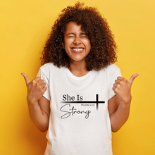 Load image into Gallery viewer, She is Strong T-shirts, Proverbs 31:25 Christian Tees, Christian T-Shirts, Faith Shirt, Religious Shirt, Jesus Shirt, Grace, Bible verse - Pacman Creations
