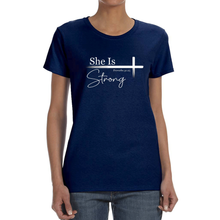 Load image into Gallery viewer, She is Strong T-shirts, Proverbs 31:25 Christian Tees, Christian T-Shirts, Faith Shirt, Religious Shirt, Jesus Shirt, Grace, Bible verse - Pacman Creations
